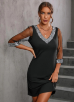 Kadın Uzun Kollu V Yaka Ve Kol Ucu Pul Payet Krep Elbise - Görsel 5