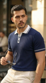 Erkek Düğme Yakalı Kontrast Yaka Triko Tişört