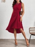 Kadın Sıfır Kollu Bisiklet Yaka Büzgülü Asimetrik Kesim Detaylı Janjan Krep Elbise - Görsel 5