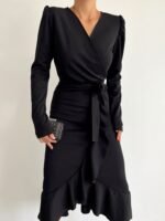 Krep Kumaş Midi Boy Kuşaklı Uzunkol Elbise 113 Cm - Görsel 12