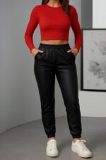 Kadın Paçası Lastikli Cep Detaylı Deri Tayt - Görsel 3