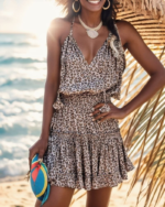 Kadın Askılı V Yaka Beli Pileli Leopar Desen Eteği Fırfırlı Süprem Elbise - Görsel 4