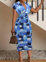 Kadın Kısa Kollu Derin V Yaka Dalgıç Midi Elbise - Görsel 3