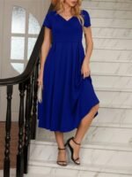 Kadın Kısa Kollu V Yakalı önden Pileli Midi Janjan Krep Elbise - Görsel 6