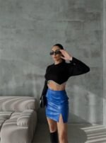 KAPİTONE DERİ ETEK YIRTMAÇLI - Saks - Görsel 4