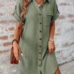 Kadın Kısa Kollu Yakalı önden Düğmeli Bürümcük Kısa Elbise