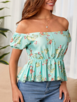 Kadın Kısa Kollu Madonna Yaka çiçek Desenli Düğme Detay Gipeli Süprem Kumaş Bluz - Görsel 2