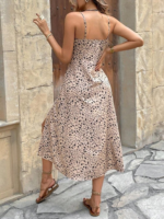 Kadın Ip Askılı Desenli Yırtmaçlı Süprem Midi Elbise - Görsel 3