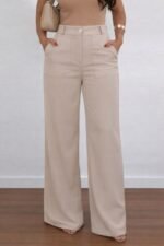 Kadın Yüksek Bel Geniş Paça Detaylı Cepli Ithal Krep Pantolon - Görsel 3