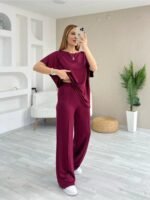 Kadın Kısa Kollu Kayık Yakalı Dikiş Izi Detaylı Viskon Iki Iplik Bluz Ve Pantolon Ikili Takım - Görsel 3