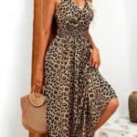 Kadın Ip Askılı Kruvazeli Yakalı Beli Lastikli Leopar Desenli Uzun Süprem Elbise