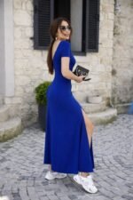 Kadın Kısa Kollu Sırt Dekolteli Yırtmaç Detaylı Viskon Elbise - Görsel 3