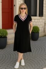 Kadın Kısa Kollu V Yaka Ribana Detay Midiboy Viskon Elbise - Görsel 5