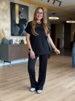 Kadın Kısa Kollu Bisiklet Yaka Viskon Iki Iplik Bluz Ve Pantolon Ikili Takım - Görsel 5