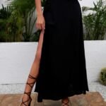 Kadın Yüksek Bel Yandan Yırtmaçlı Uzun Sandy Etek