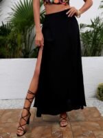 Kadın Yüksek Bel Yandan Yırtmaçlı Uzun Sandy Etek