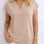 Kadın V Yaka Kısa Kol Dokuma Viskon Kumaş Bluz