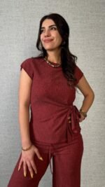 Kadın Kısa Kollu Bisiklet Yaka Yandan Bağlamalı Bürümcük Bluz Ve Pantolon Ikili Takım - Görsel 2