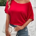 Kadın Tek Omuzu Açık Kısa Kollu Salaş Viskon Bluz