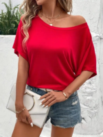 Kadın Tek Omuzu Açık Kısa Kollu Salaş Viskon Bluz