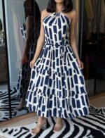 Kadın Viskon Kumaş Ip Askılı Halter Yaka Cepli Midi Boy Elbise - Görsel 3