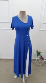 Kadın Kısa Kollu Asimetrik Yakalı Düğme Detaylı Midi Viskon Elbise - Görsel 4