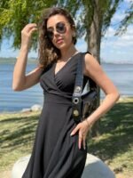 Kadın Ithal Krep Kumaş Kruvaze Yaka Eteği Kloş Kolsuz Mini Elbise - Görsel 4