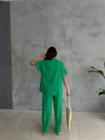 OMUZ MİDYE SIRALI BLUZ - PAÇA PENSLİ PANTOLON TAKIM - Yeşil - Görsel 4