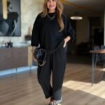 Kadın Uzun Kollu Bisiklet Yaka Viskon Iki Iplik Bluz Ve Pantolon Ikili Takım