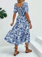 Kadın Kısa Kollu Kare Yakalı Lastikli Desenli Süprem Elbise - Görsel 3