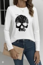 Kadın Uzun Kollu Bisiklet Yaka Kurukafa Desenli Viskon Bluz - Görsel 3