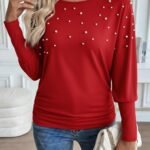 Kadın Uzun Kollu Yuvarlak Yaka Incili Viskon Bluz