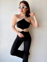 Kadın Halter Yaka Bel Dokolteli Tulum - Görsel 3