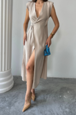 KRUVAZE VATKALI KOLSUZ ELBİSE MODAL KUMAŞ - Bej - Görsel 3