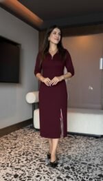 Kadın Uzun Kollu Balıkçı Yaka önden Fermuarlı Yırtmaçlı Midi Viskon Iki Iplik Elbise - Görsel 2