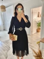 Kadın şifon Kumaş Astalı Kloş Kesim Kruvaze Yaka Midi Boy Elbise - Görsel 5