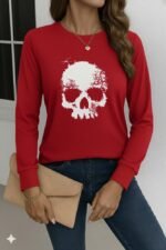 Kadın Uzun Kollu Bisiklet Yaka Kurukafa Desenli Viskon Bluz - Görsel 3