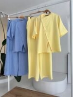 Hakim Yaka Çapraz Düğmeli Plazzo Pantolon Viscon Keten Takım 10209 - Görsel 11