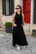 Kadın Arkadan çapraz Detay Yuvarlak Yaka Maksi Viskon Elbise - Görsel 3