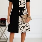 Kadın Kısa Kollu V Yakalı çift Renkli Desenli Beli Kuşaklı Atlas Elbise