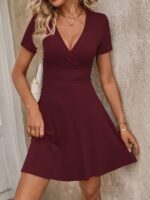 Kadın Kısa Kollu Kruvaze Yaka A Kesim Kalın Fitilli Kaşkorse Elbise - Görsel 3