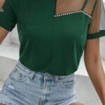 Kadın Kısa Kollu Tül Detaylı Taşlı Janjan Krep Bluz