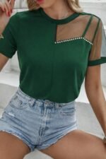 Kadın Kısa Kollu Tül Detaylı Taşlı Janjan Krep Bluz