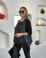 Kadın Uzun Kollu Asimetrik Kesim Viskon Bluz Ve çatlak Deri Görünümlü Yelek Ikili Takım - Görsel 3