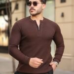 Erkek Fermuarlı Bisiklet Yaka Dokulu Uzun Kollu Triko