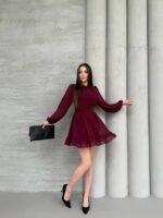 Kadın Yarım Balıkçı Yaka Kolları Transparan Astarlı Full şifon Elbise - Görsel 5