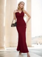 Kadın Ip Askılı Kruvaze Yakalı Yırtmaçlı Uzun Ithal Krep Elbise - Görsel 4