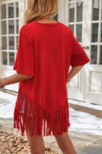 Kadın Kısa Kollu Bisiklet Yaka Püsküllü Viskon Bluz - Görsel 5