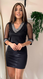 Kadın Uzun Kollu V Yaka Ve Kol Ucu Pul Payet Krep Elbise - Görsel 10