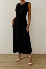 Kadın Sıfır Kollu Bisiklet Yaka Yandan Büzgü Detaylı Viskon Elbise - Görsel 3